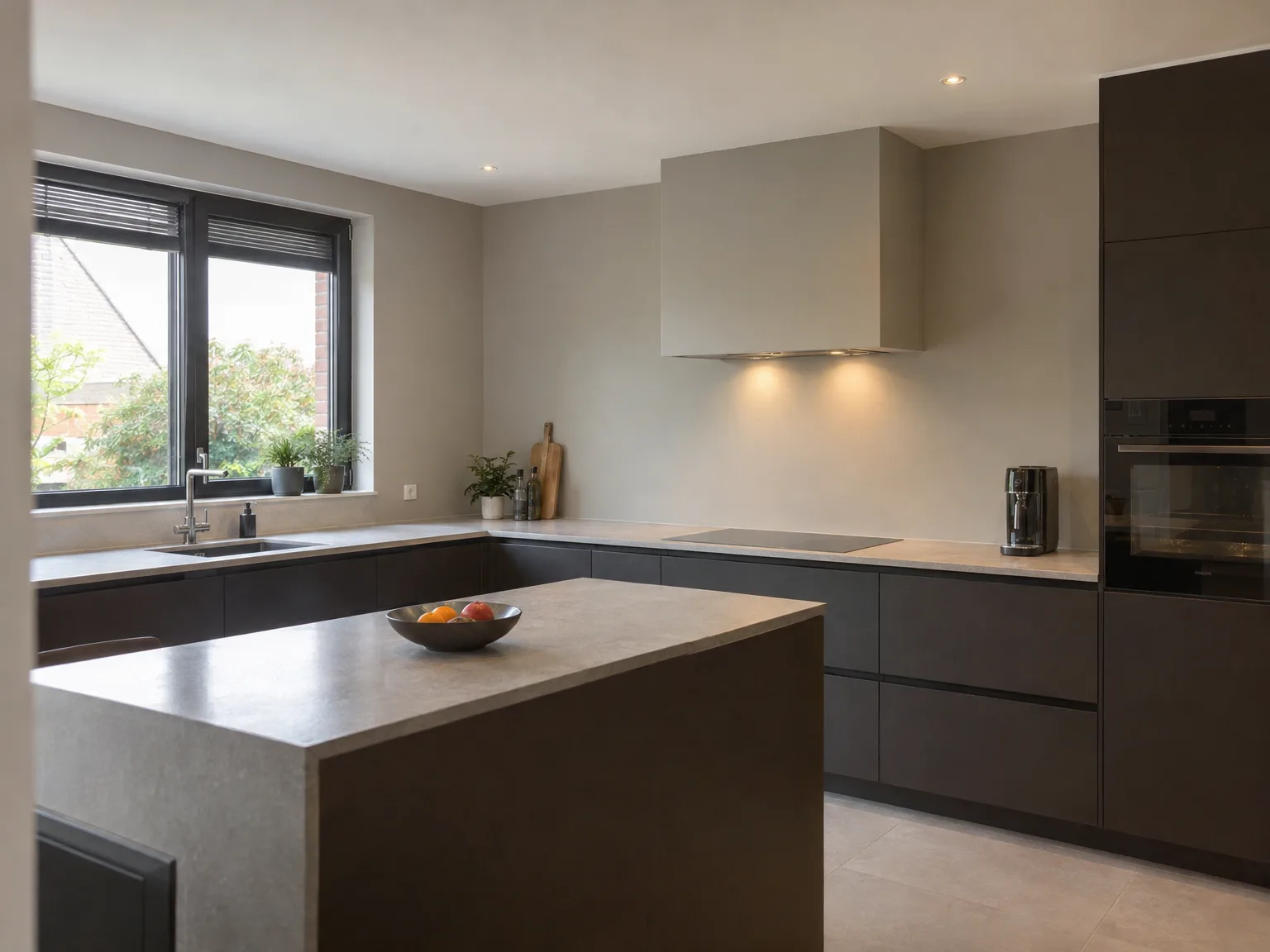 Moderne keukenmontage met zwarte fronten, werkblad en ingebouwde apparaten