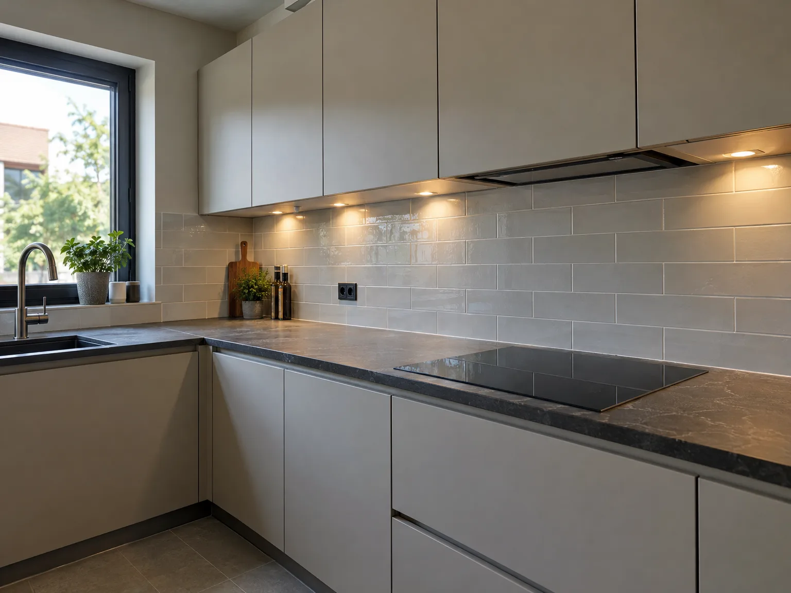 Moderne keuken met grijze fronten, zwart werkblad, tegels backsplash en geïntegreerde verlichting