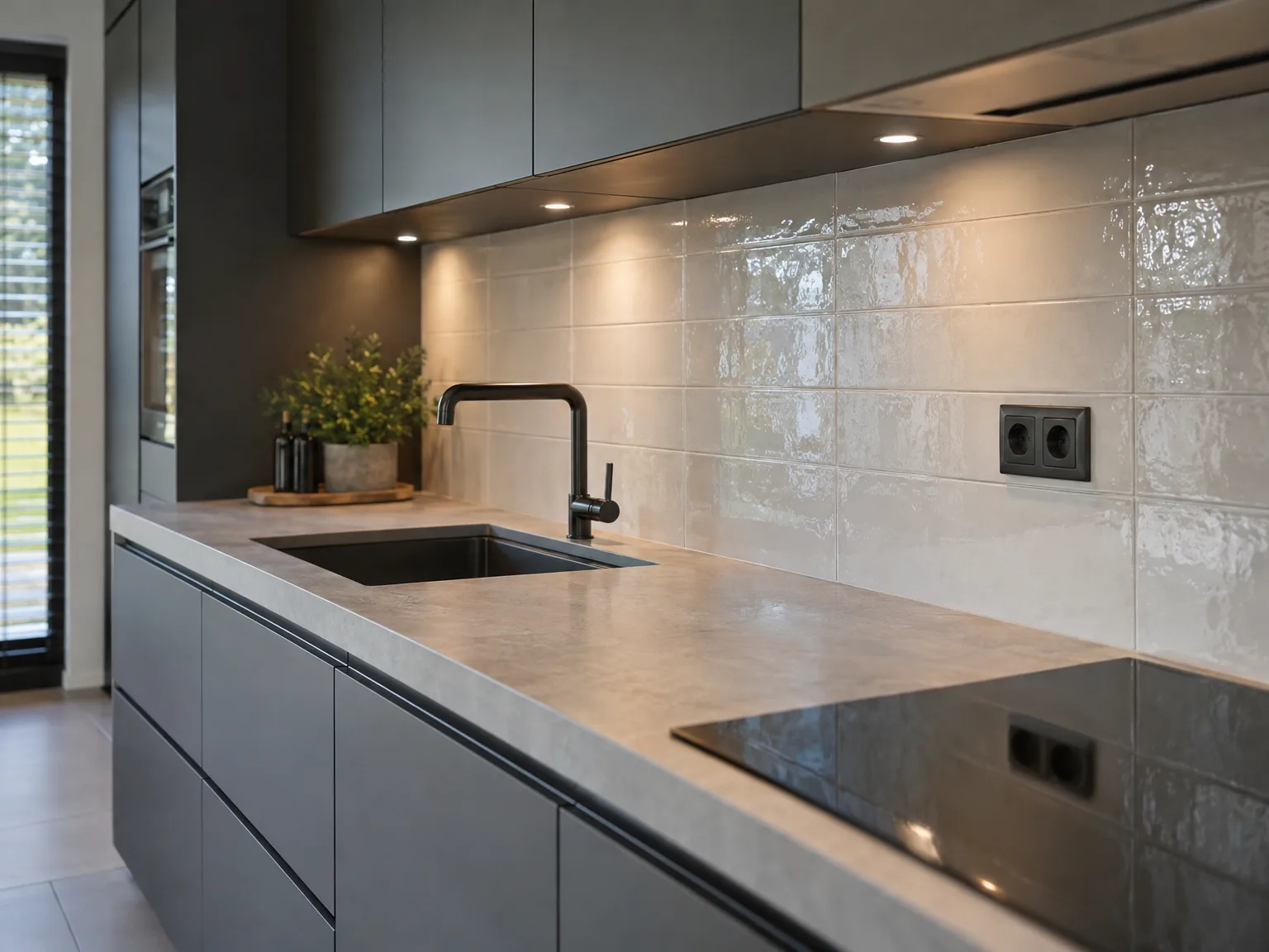 Grijze keuken met beige werkblad en witte tegels achtersplash