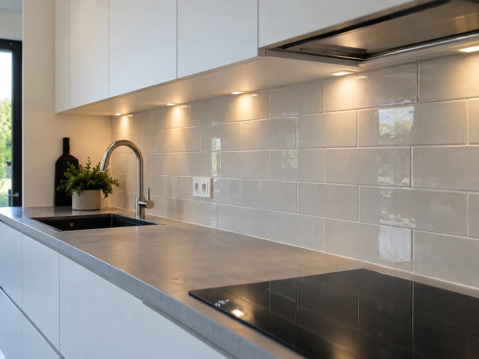 Moderne witte en grijze keuken met keramische tegels en geïntegreerde LED-verlichting onder bovenkastjes
