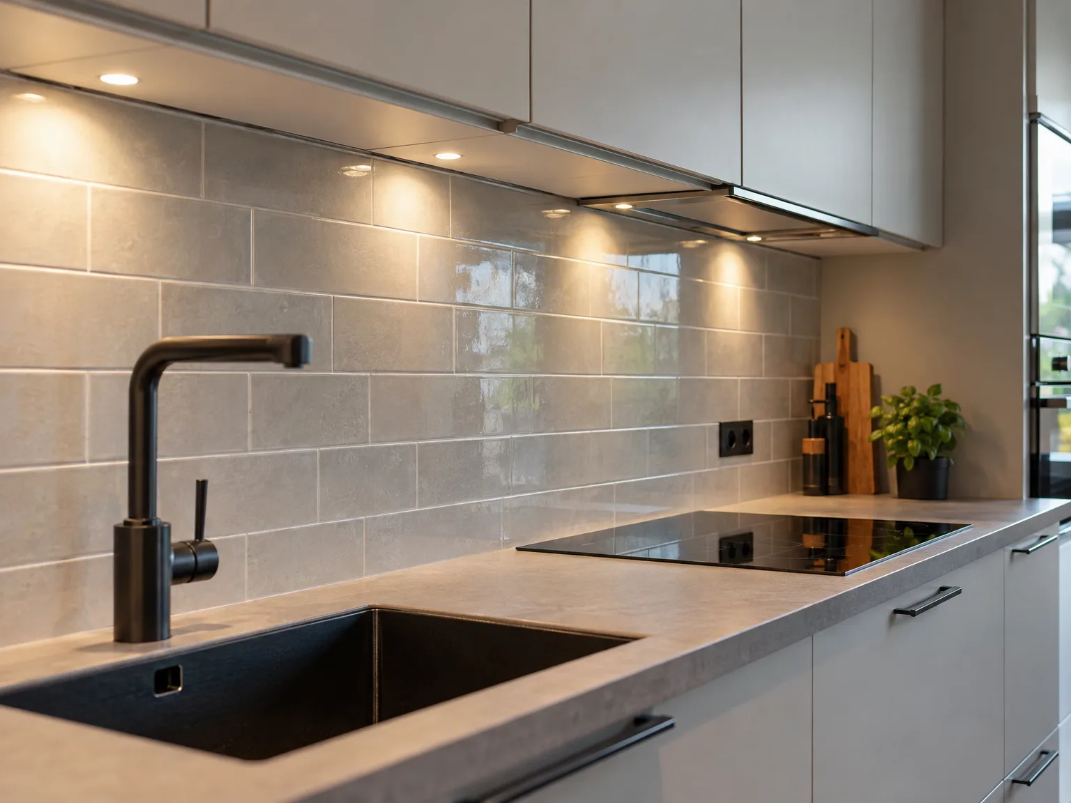 Professionele keukenmontage: moderne keuken met zwarte spoelbak, grijze backsplashtegels en LED-verlichting