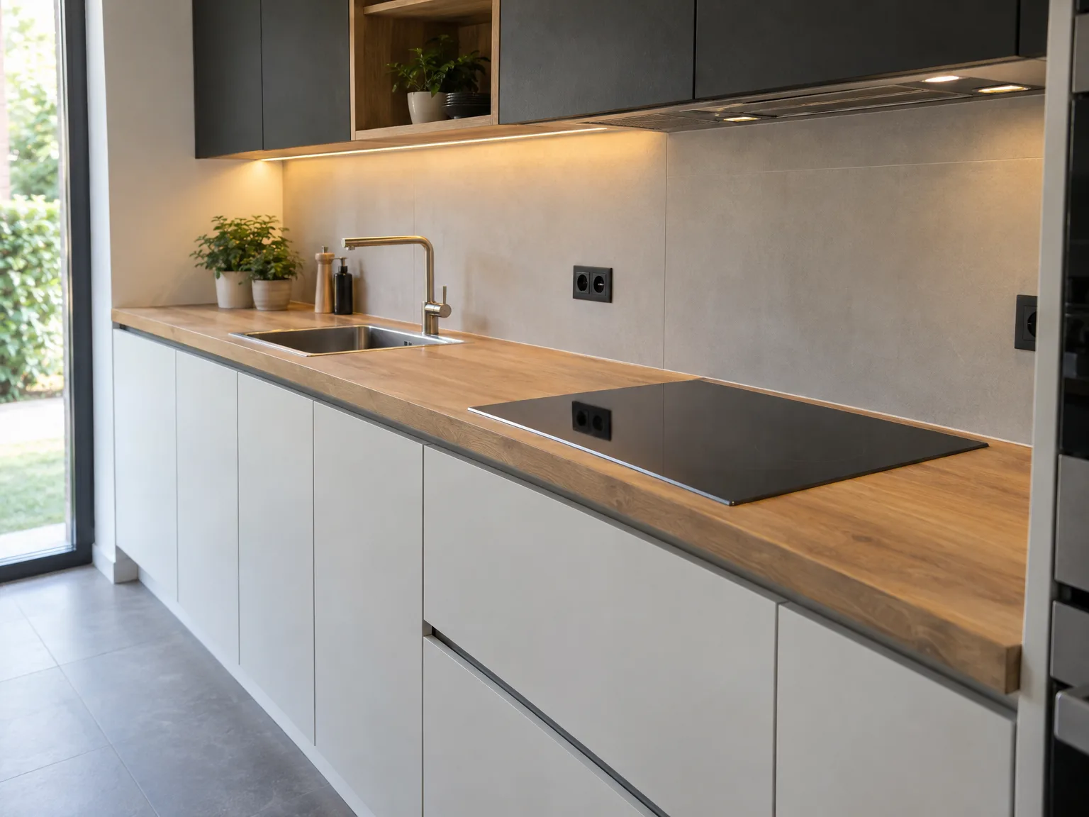 Moderne keukenmontage met witte en zwarte kasten, houten werkblad en inductie kookplaat