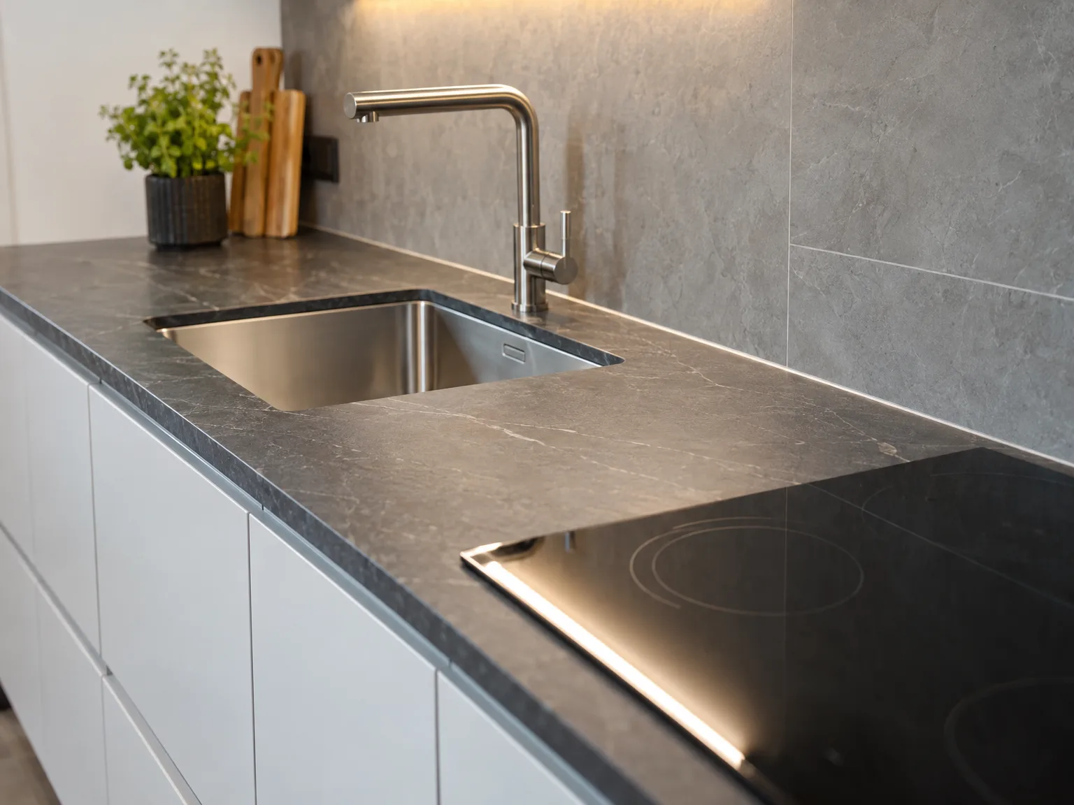 Geïnstalleerde keuken met granieten werkblad, rvs spoelbak, mengkraan en inductiekookplaat