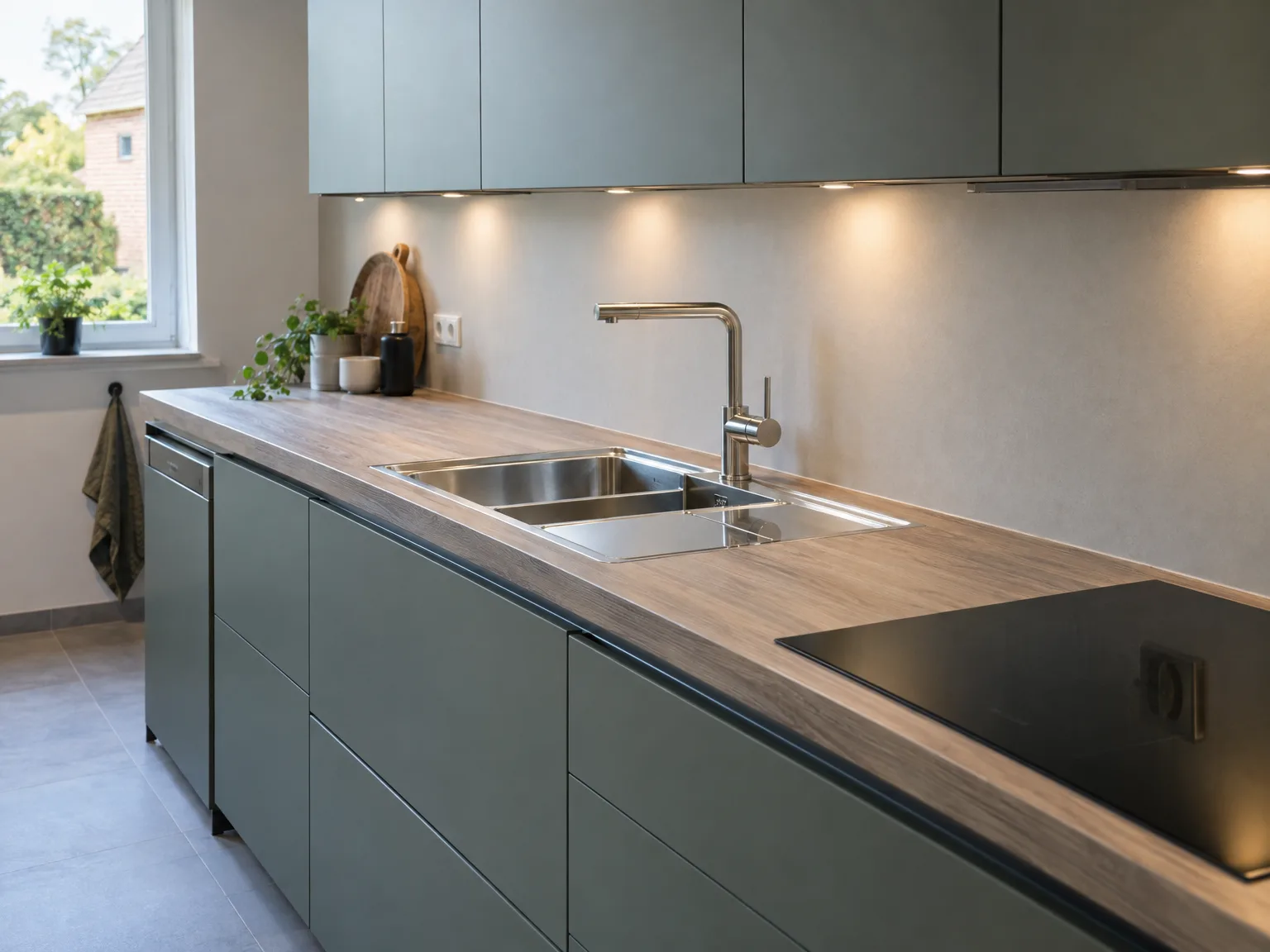 Moderne grijsgroene keuken met houtkleurig werkblad, roestvrijstalen gootsteen en inbouwapparaten
