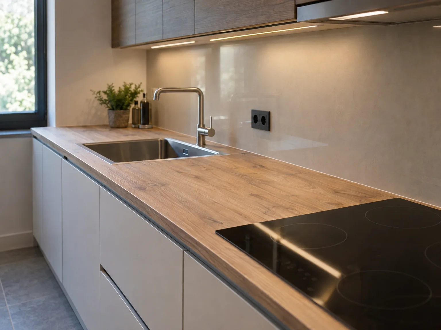 Moderne keuken met witte onderkast, houten werkblad en ingebouwde inductieplaat met gootsteen