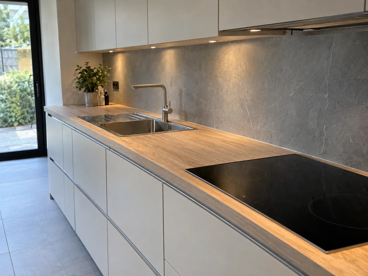 Moderne keuken met witte fronten, houten werkblad en grijze achterwand, keukenmontage